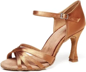 Women's Fashion Peep Toe Satin Ballroom Tango Party Wedding Promal Practice Professional Dance Shoes Bronze US 4