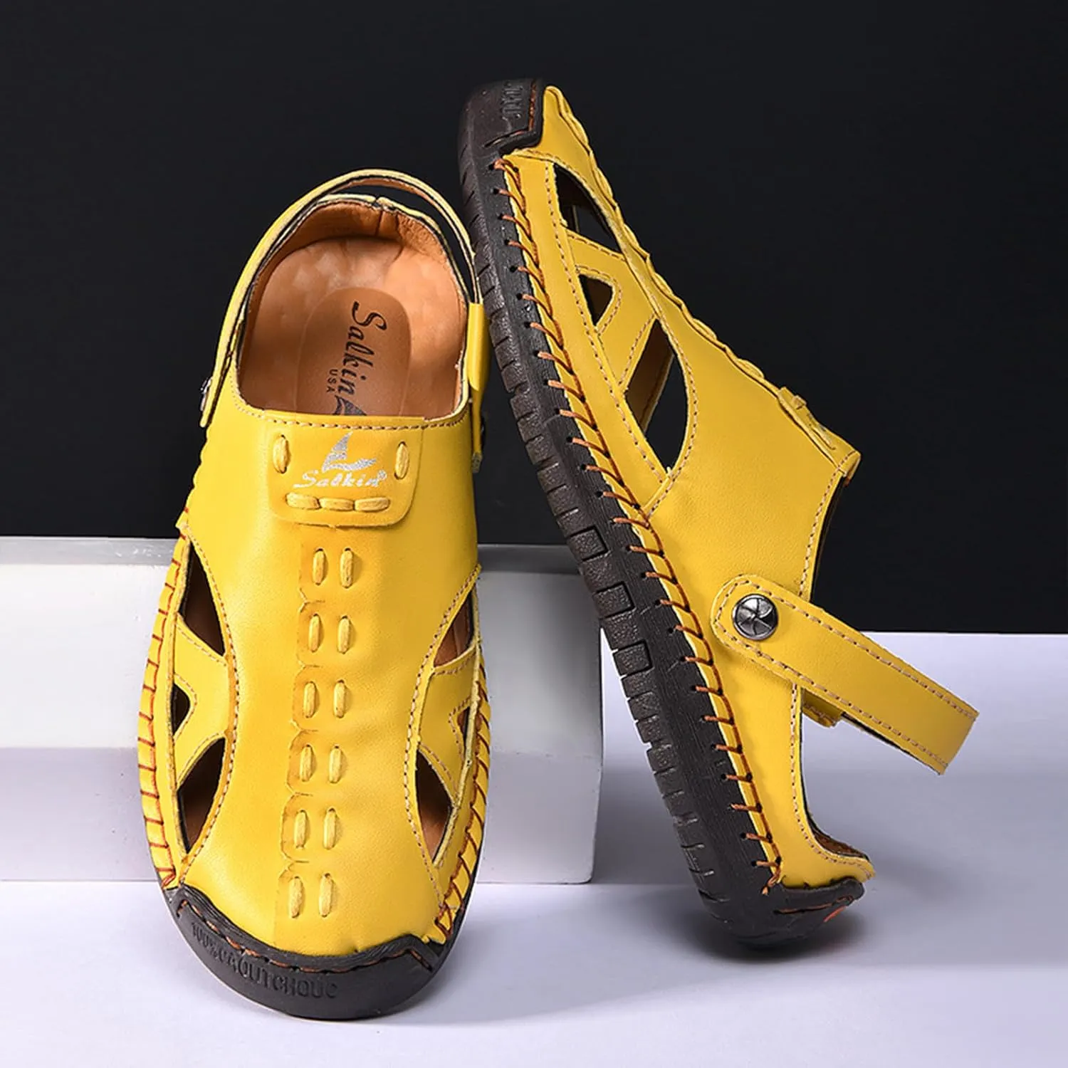 Womens Handmade Leather Fisherman Sandals - Closed Toe Slip-On Breathable Design with Non-Slip Sole Stylish Summer Outdoor Beach Shoes for Hiking Casual Wear & Water Activities