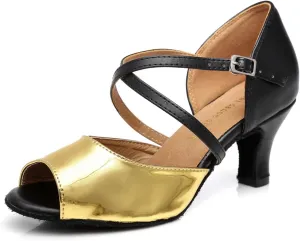 Women's Peep Toe Ballroom Morden Tango Party Wedding Practice Dance Shoes Gold/Black US 7.5
