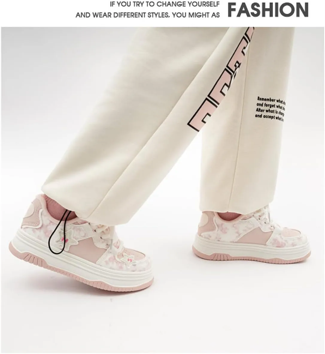 Women's Pink Star Chunky Platform Walking Sneakers Thick Sole Lace-Up Skate Shoes Casual Pieced Streetwear All Seasons