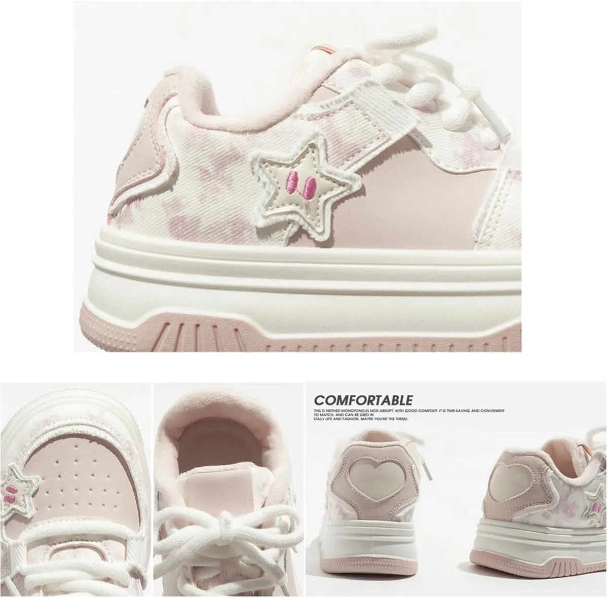 Women's Pink Star Chunky Platform Walking Sneakers Thick Sole Lace-Up Skate Shoes Casual Pieced Streetwear All Seasons