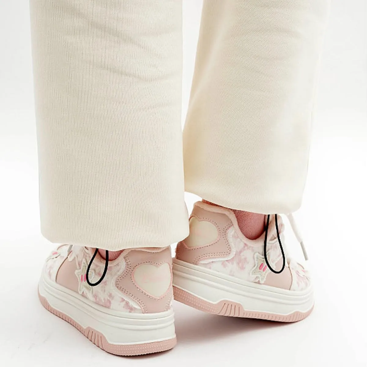 Women's Pink Star Chunky Platform Walking Sneakers Thick Sole Lace-Up Skate Shoes Casual Pieced Streetwear All Seasons