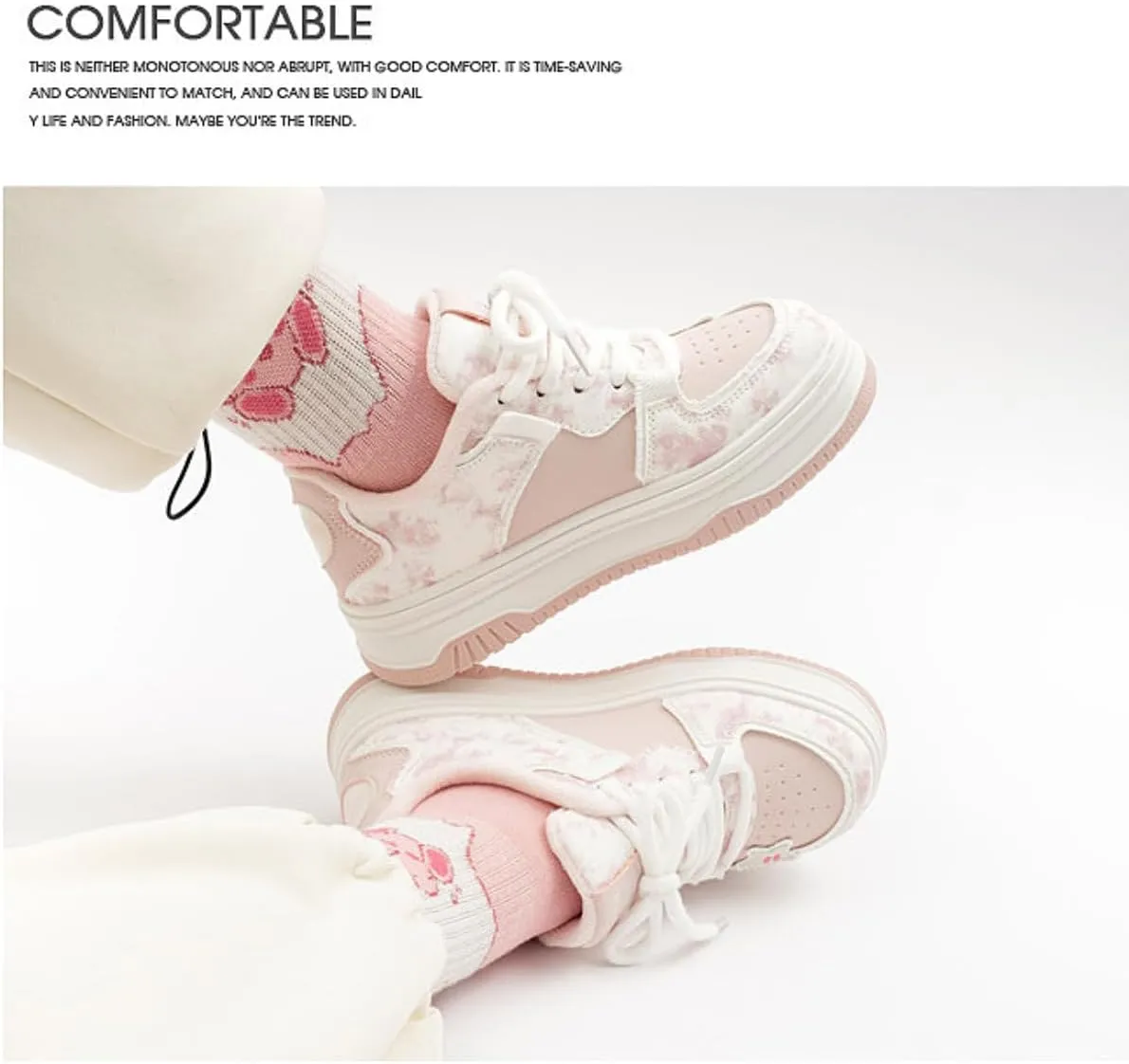 Women's Pink Star Chunky Platform Walking Sneakers Thick Sole Lace-Up Skate Shoes Casual Pieced Streetwear All Seasons