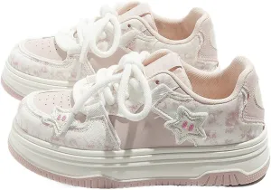 Women's Pink Star Chunky Platform Walking Sneakers Thick Sole Lace-Up Skate Shoes Casual Pieced Streetwear All Seasons