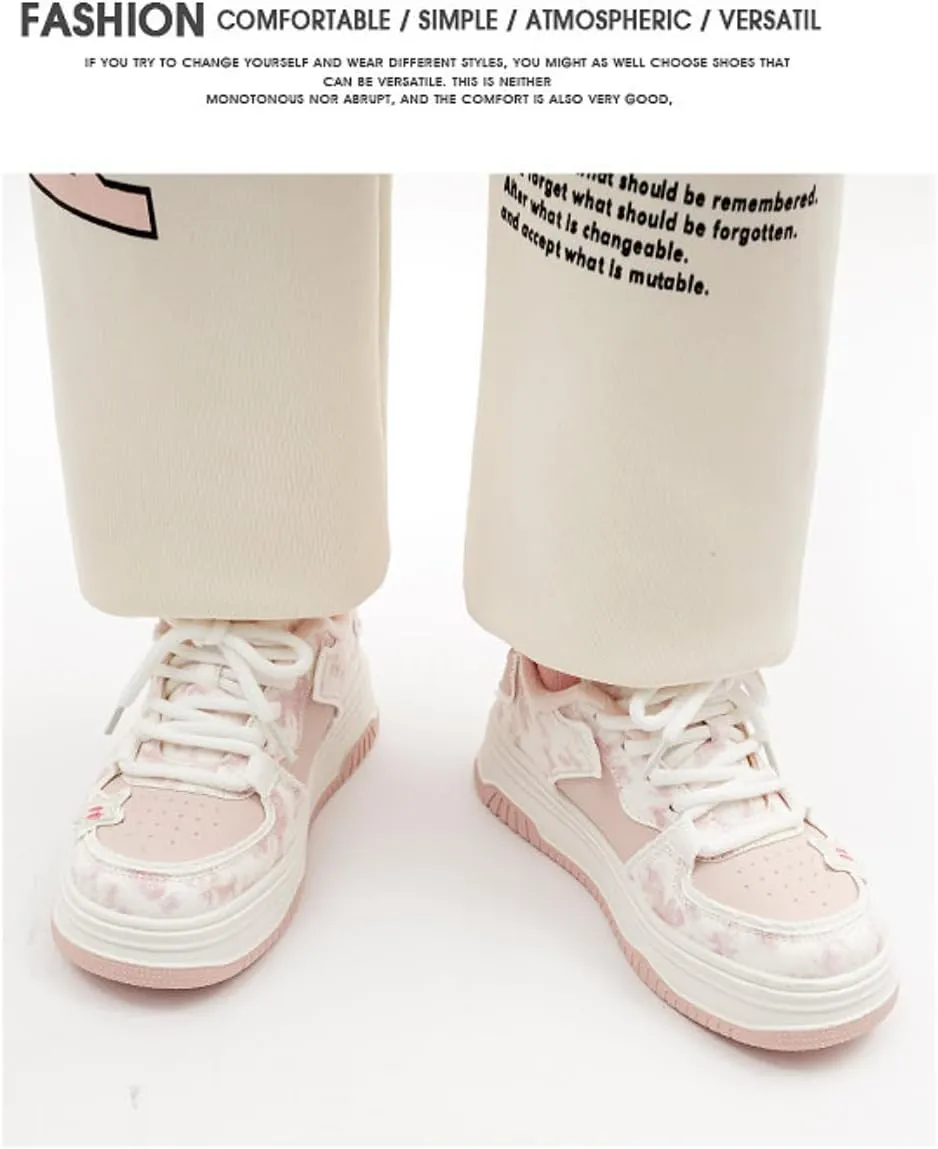 Women's Pink Star Chunky Platform Walking Sneakers Thick Sole Lace-Up Skate Shoes Casual Pieced Streetwear All Seasons