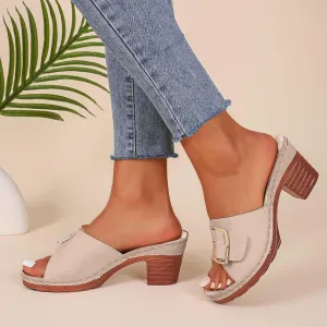 Women's Slide Heeled Sandals Opened Square Toe Chunky Block Heel Slippers with Buckle Slip on Long Womens Slippers