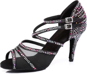 Women's Sparkle Rhinestones Mesh Peep Toe Satin Ballroom Modern Party Wedding Practice Professional Dance Shoes Black US 7