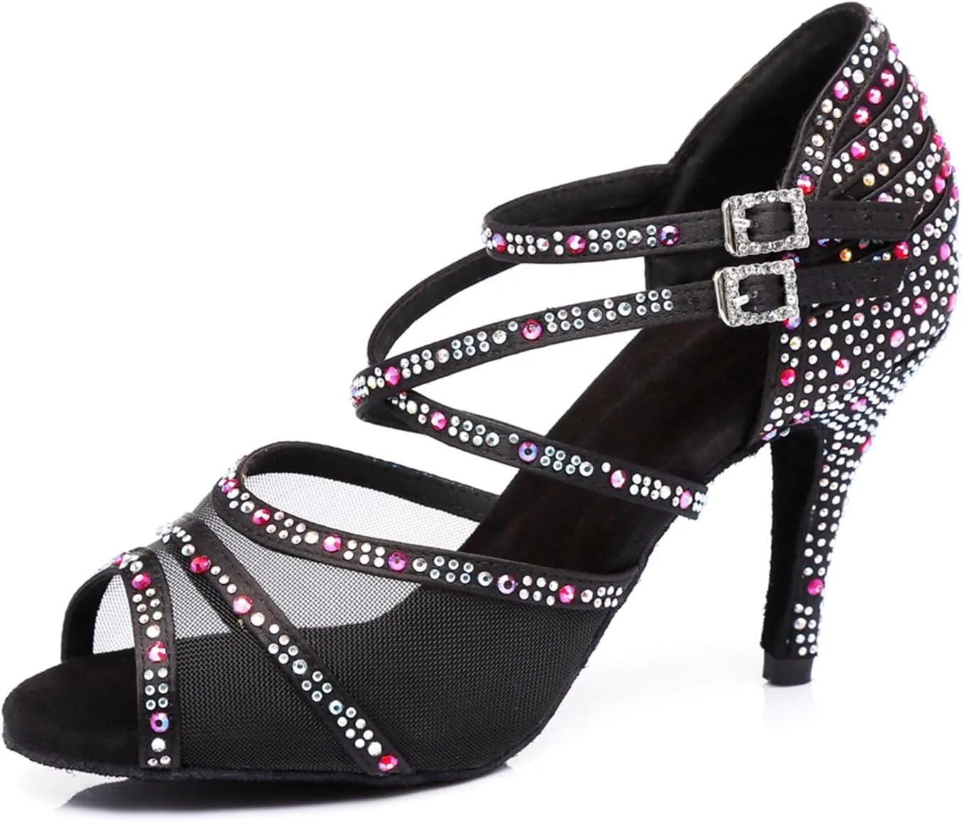 Women's Sparkle Rhinestones Mesh Peep Toe Satin Ballroom Modern Party Wedding Practice Professional Dance Shoes Black US 7