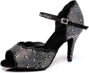 Women's Sparkle Rhinestones Peep Toe Satin Ballroom Modern Rumba Party Wedding Performence Dance Shoes Black US 4.5