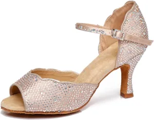 Women's Sparkle Rhinestones Peep Toe Satin Ballroom Modern Rumba Party Wedding Performence Dance Shoes Nude US 9