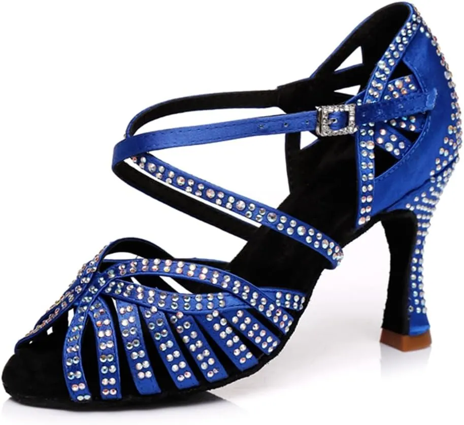 Women's Sparkle Rhinestones Peep Toe Satin Ballroom Tango Modern Party Wedding Professional Dance Shoes Blue US 5