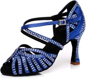 Women's Sparkle Rhinestones Peep Toe Satin Ballroom Tango Modern Party Wedding Professional Dance Shoes Blue US 5