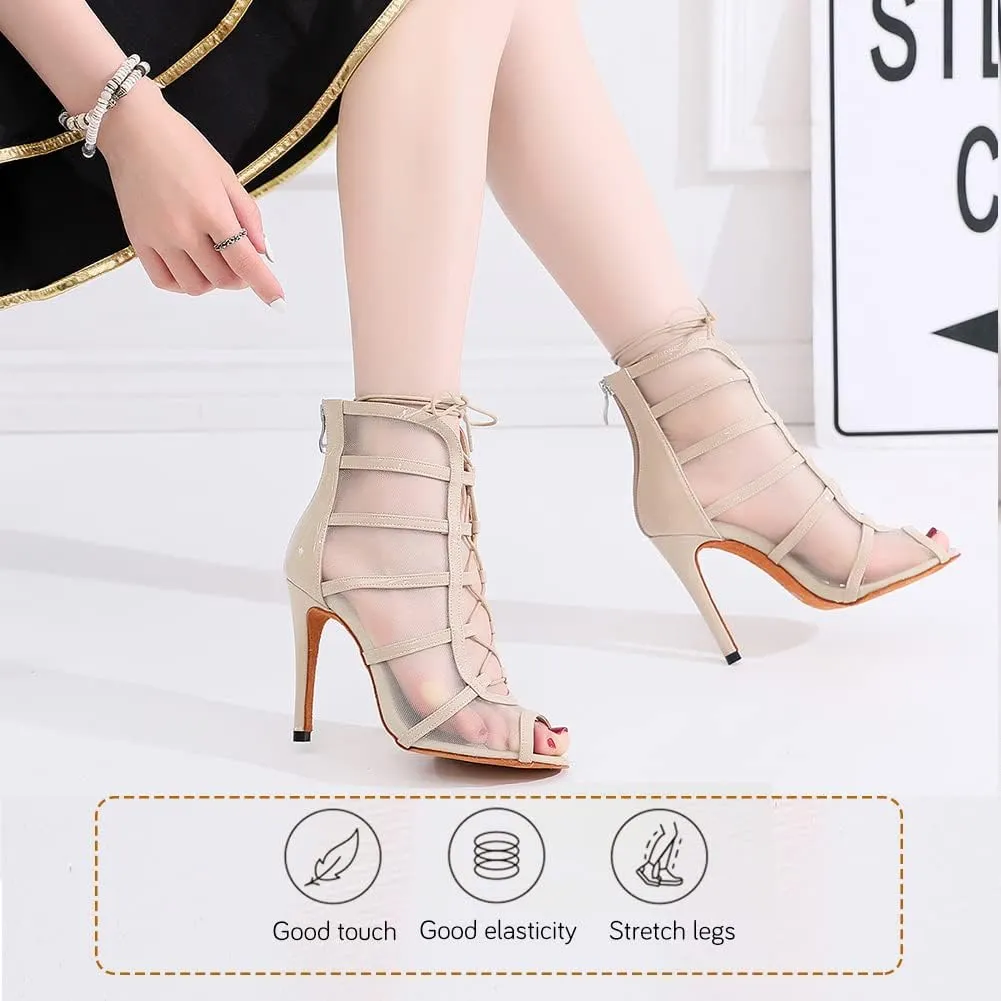 YKXLM Latin Dance Boots Salsa Women Ballroom Lace-up Ankle Open Toe Dance Shoes