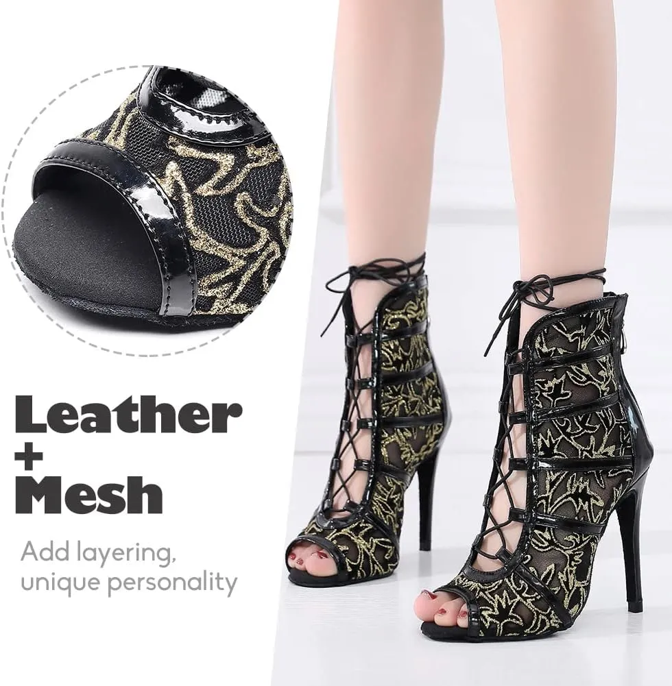 YKXLM Latin Dance Boots Salsa Women Ballroom Lace-up Ankle Open Toe Dance Shoes