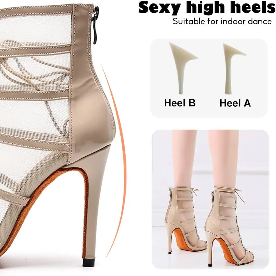 YKXLM Latin Dance Boots Salsa Women Ballroom Lace-up Ankle Open Toe Dance Shoes