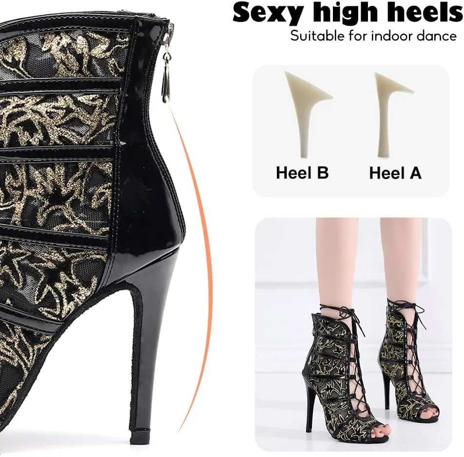 YKXLM Latin Dance Boots Salsa Women Ballroom Lace-up Ankle Open Toe Dance Shoes