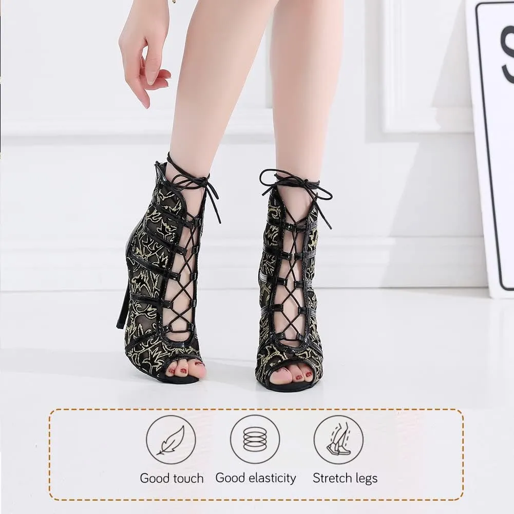 YKXLM Latin Dance Boots Salsa Women Ballroom Lace-up Ankle Open Toe Dance Shoes