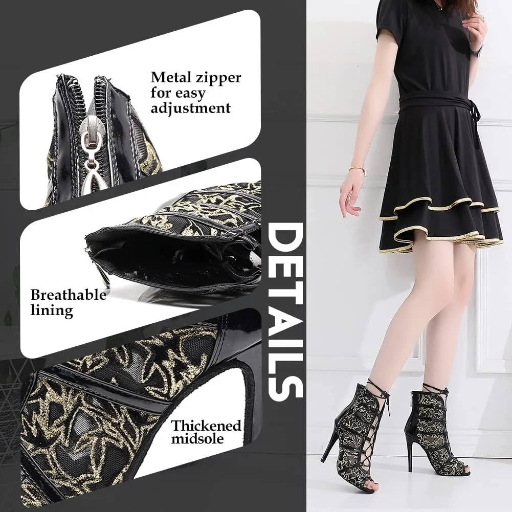 YKXLM Latin Dance Boots Salsa Women Ballroom Lace-up Ankle Open Toe Dance Shoes