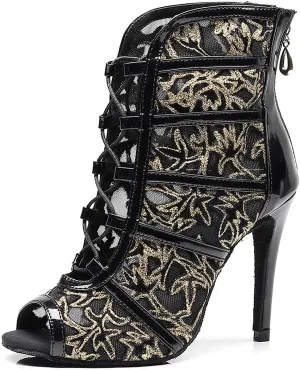 YKXLM Latin Dance Boots Salsa Women Ballroom Lace-up Ankle Open Toe Dance Shoes