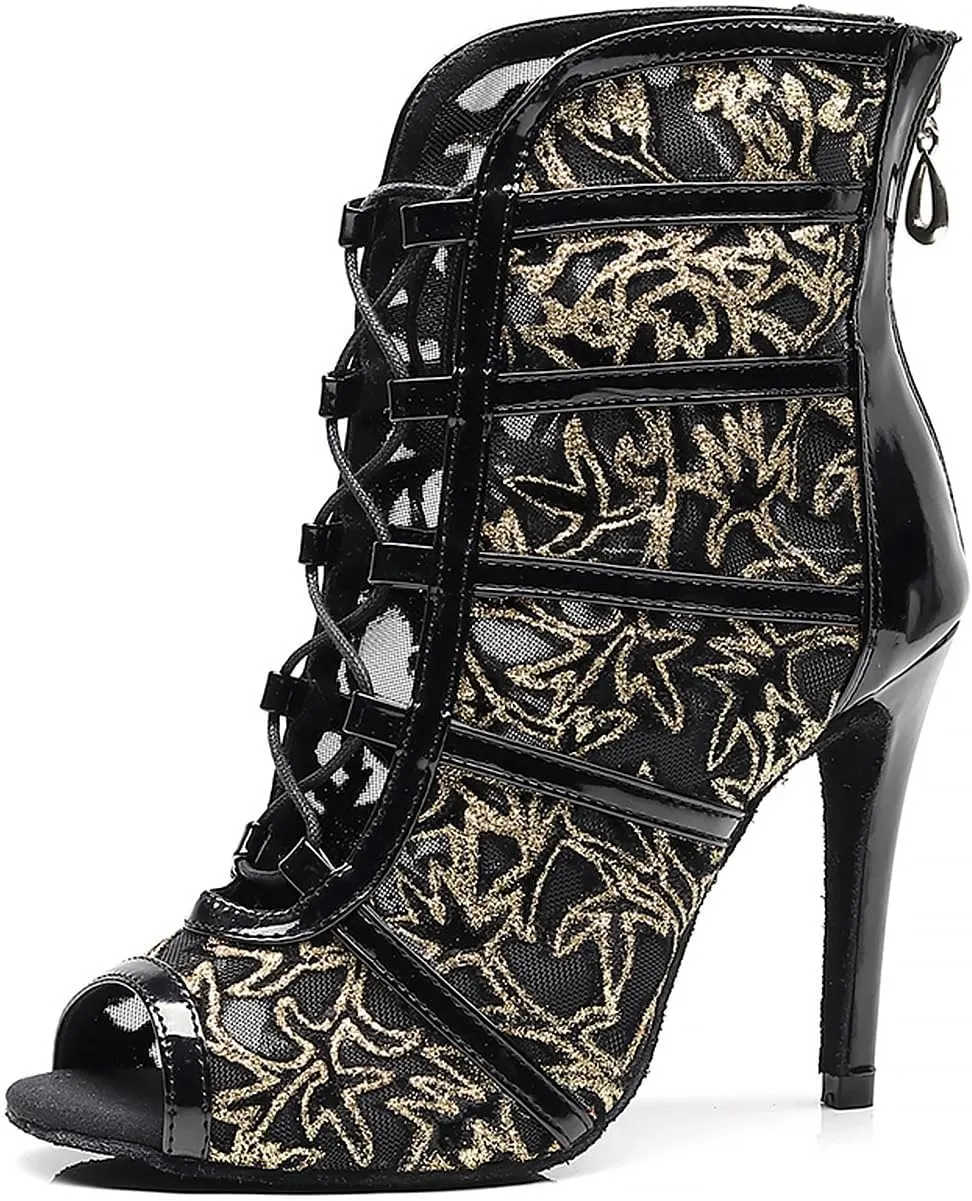 YKXLM Latin Dance Boots Salsa Women Ballroom Lace-up Ankle Open Toe Dance Shoes