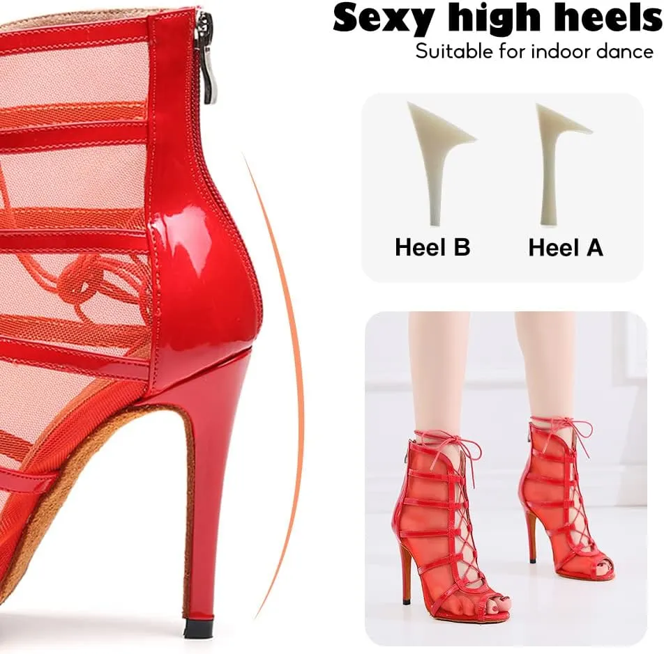 YKXLM Latin Dance Boots Salsa Women Ballroom Lace-up Ankle Open Toe Dance Shoes