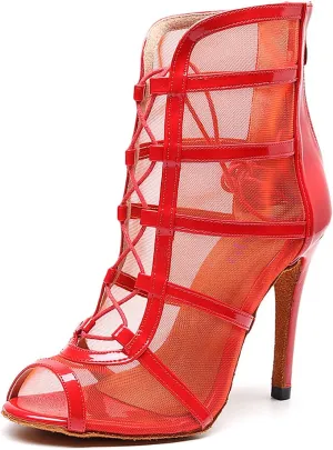 YKXLM Latin Dance Boots Salsa Women Ballroom Lace-up Ankle Open Toe Dance Shoes