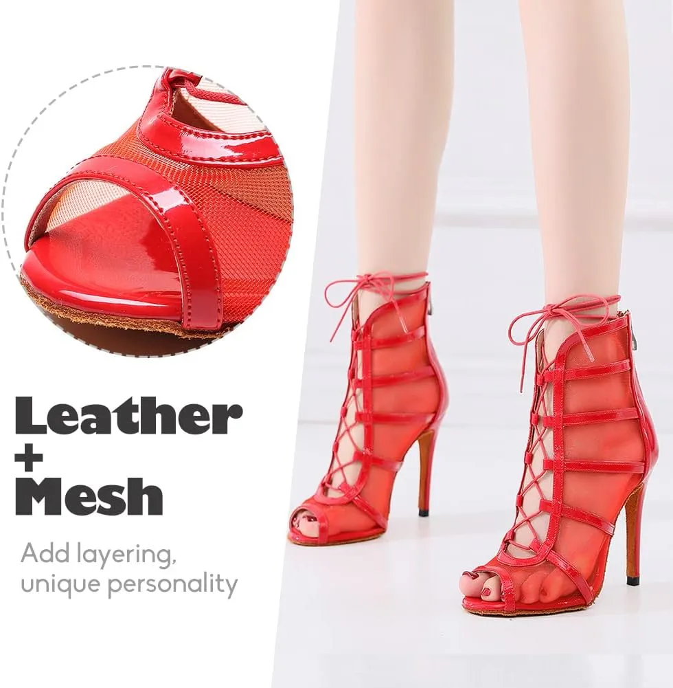 YKXLM Latin Dance Boots Salsa Women Ballroom Lace-up Ankle Open Toe Dance Shoes
