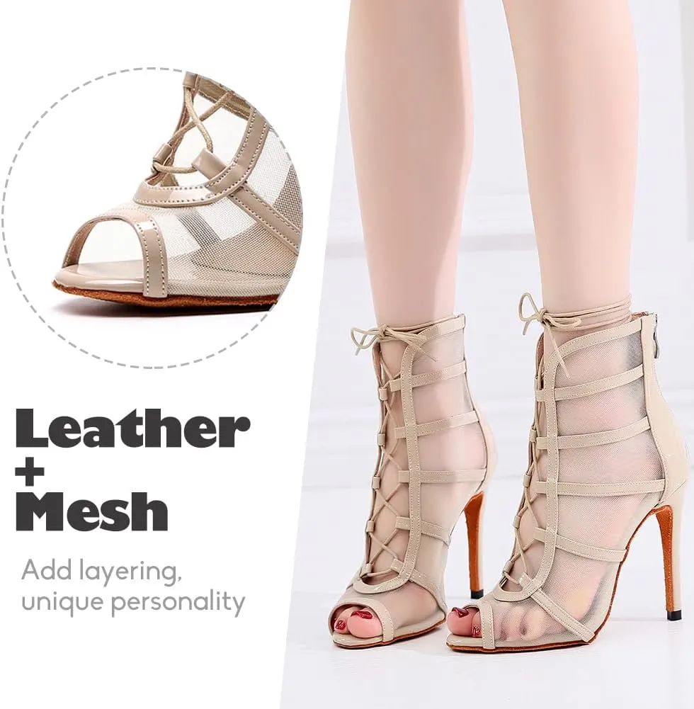 YKXLM Latin Dance Boots Salsa Women Ballroom Lace-up Ankle Open Toe Dance Shoes