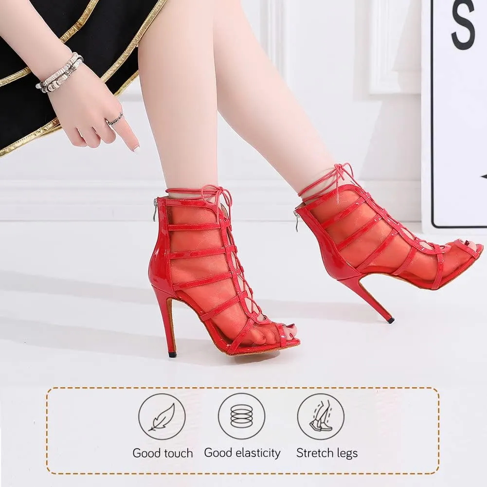 YKXLM Latin Dance Boots Salsa Women Ballroom Lace-up Ankle Open Toe Dance Shoes
