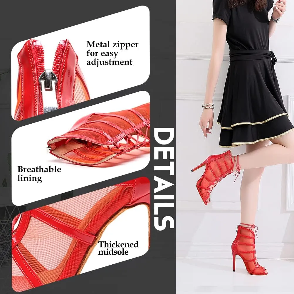 YKXLM Latin Dance Boots Salsa Women Ballroom Lace-up Ankle Open Toe Dance Shoes
