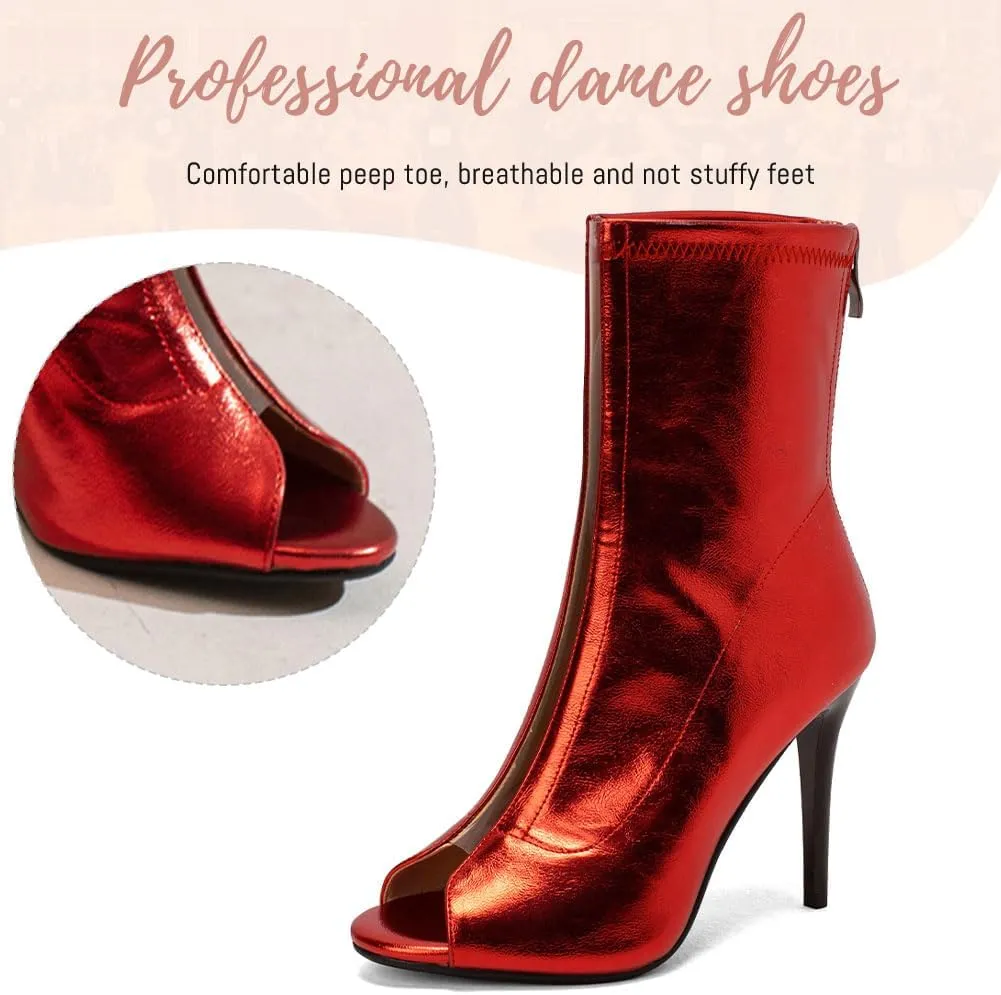 YKXLM Latin Salsa Ballroom Dance Shoes for Women with Zipper Ankle Open Toe Dancing Boots