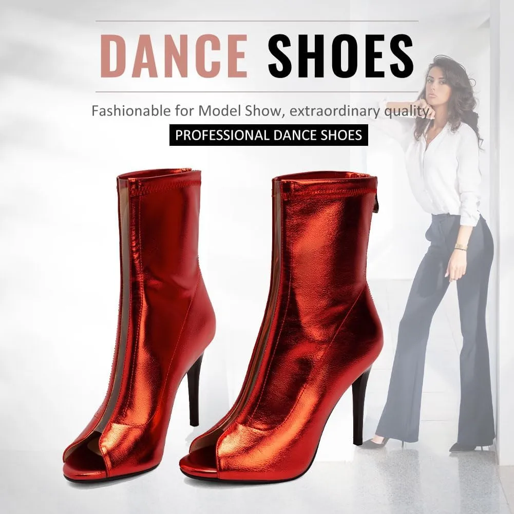 YKXLM Latin Salsa Ballroom Dance Shoes for Women with Zipper Ankle Open Toe Dancing Boots