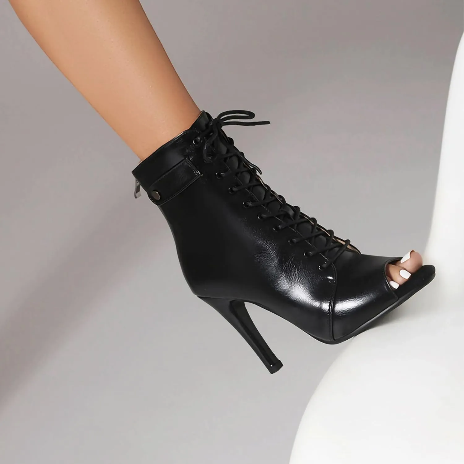 YKXLM Peep Toe Booties Leather for Latin Ballroom Dance Shoes Sexy High Heels for Dancing Practice Dancer Shoes