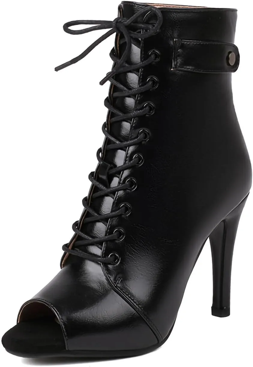 YKXLM Peep Toe Booties Leather for Latin Ballroom Dance Shoes Sexy High Heels for Dancing Practice Dancer Shoes