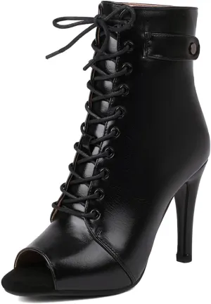 YKXLM Peep Toe Booties Leather for Latin Ballroom Dance Shoes Sexy High Heels for Dancing Practice Dancer Shoes