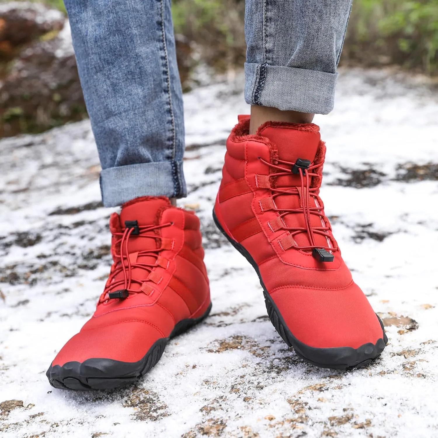 ZWRXW Men's Women's Winter Barefoot Hiking Boots Zero Drop Snow Boots Waterproof Warm Fur Lined Winter Hiking Boot Minimalist Slip On Shoes Wide Toe Box Ankle Booties