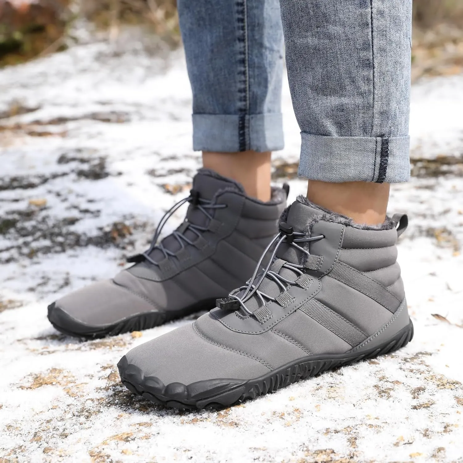ZWRXW Men's Women's Winter Barefoot Hiking Boots Zero Drop Snow Boots Waterproof Warm Fur Lined Winter Hiking Boot Minimalist Slip On Shoes Wide Toe Box Ankle Booties