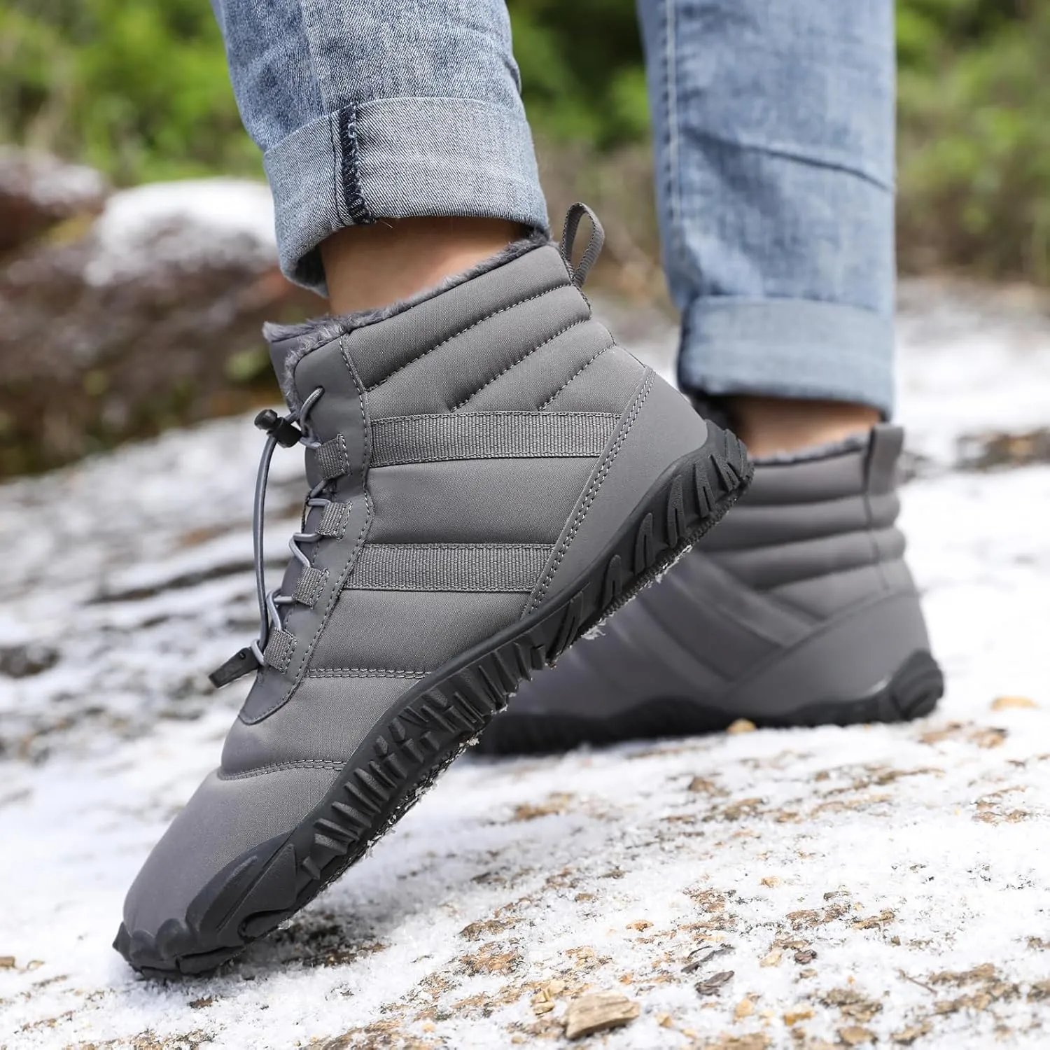 ZWRXW Men's Women's Winter Barefoot Hiking Boots Zero Drop Snow Boots Waterproof Warm Fur Lined Winter Hiking Boot Minimalist Slip On Shoes Wide Toe Box Ankle Booties