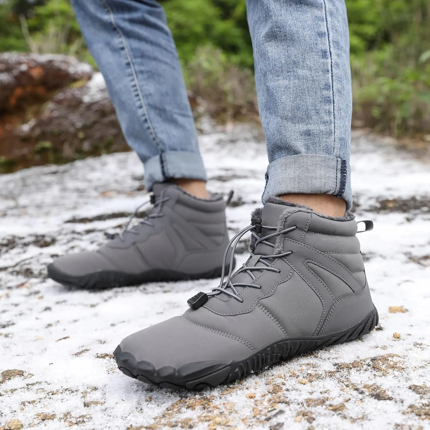 ZWRXW Men's Women's Winter Snow Boots Barefoot Zero Drop Hiking Waterproof Shoes Warm Fur Lined Slip On Sneakers Barefoot Hiking Shoes Anti-Slip Ankle Boots