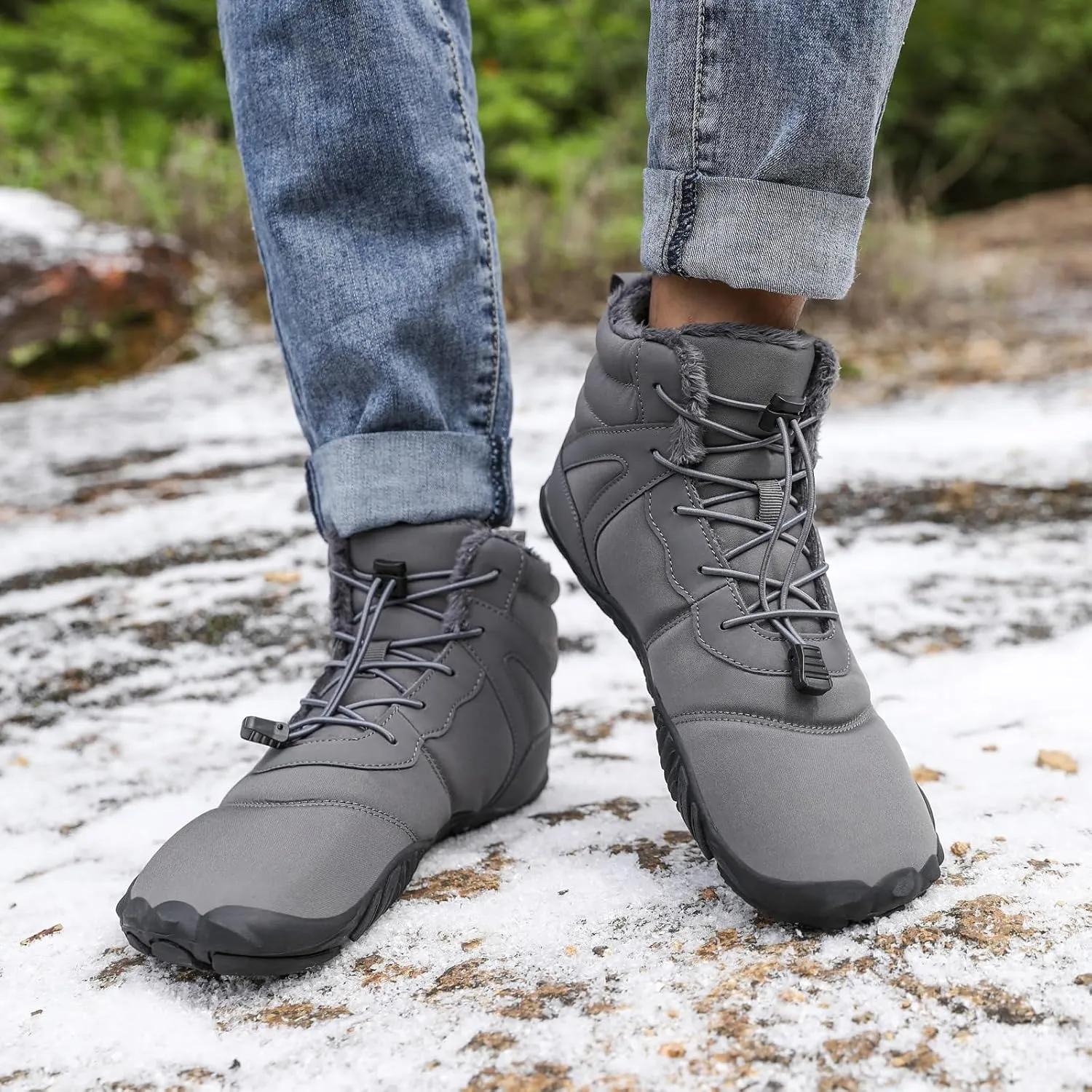 ZWRXW Men's Women's Winter Snow Boots Barefoot Zero Drop Hiking Waterproof Shoes Warm Fur Lined Slip On Sneakers Barefoot Hiking Shoes Anti-Slip Ankle Boots
